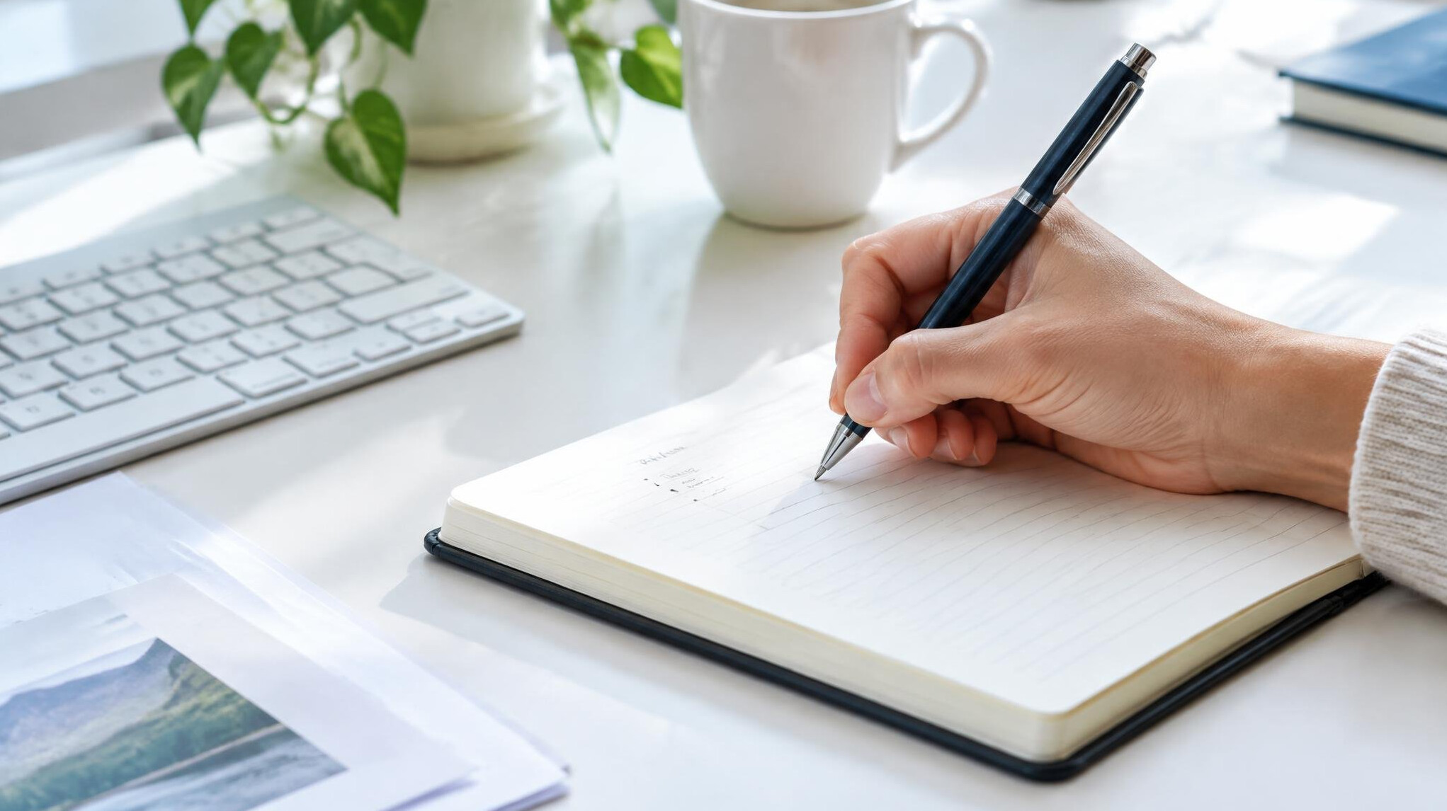 Hand writing in a notebook with a pen on a desk